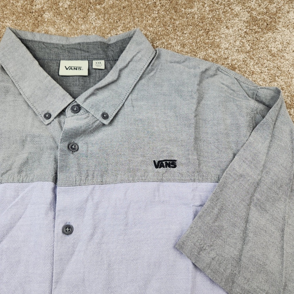 Vans Mens XXL Short Sleeve Button Down Shirt Grey Purple Color Block Skater